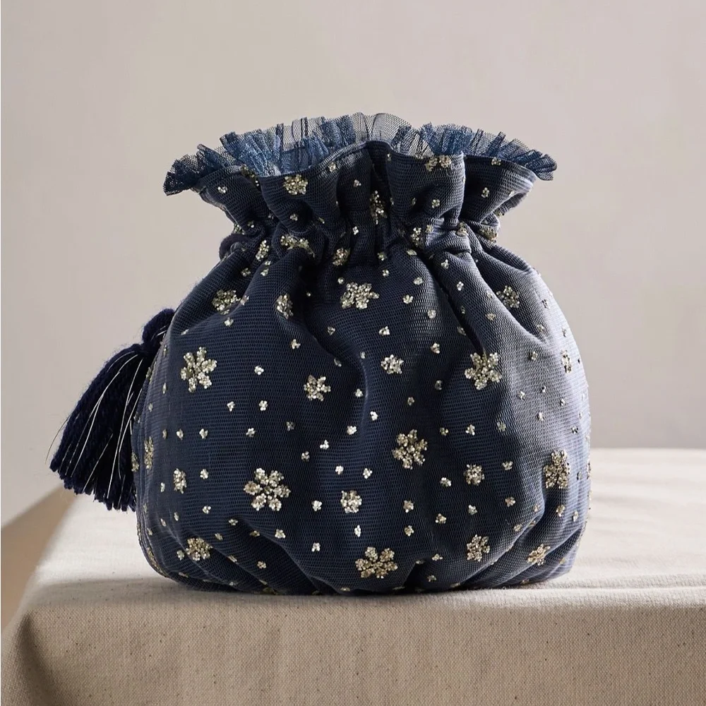Free People New NWT Seasons Sparkle Gift Sack blue Silver snowflake gift bag